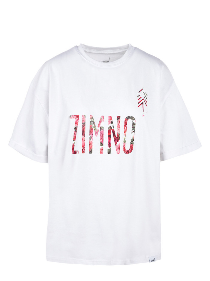 T-Shirt Oversize Damski Biały w Róże T-Shirt Oversize Damski Biały w Róże