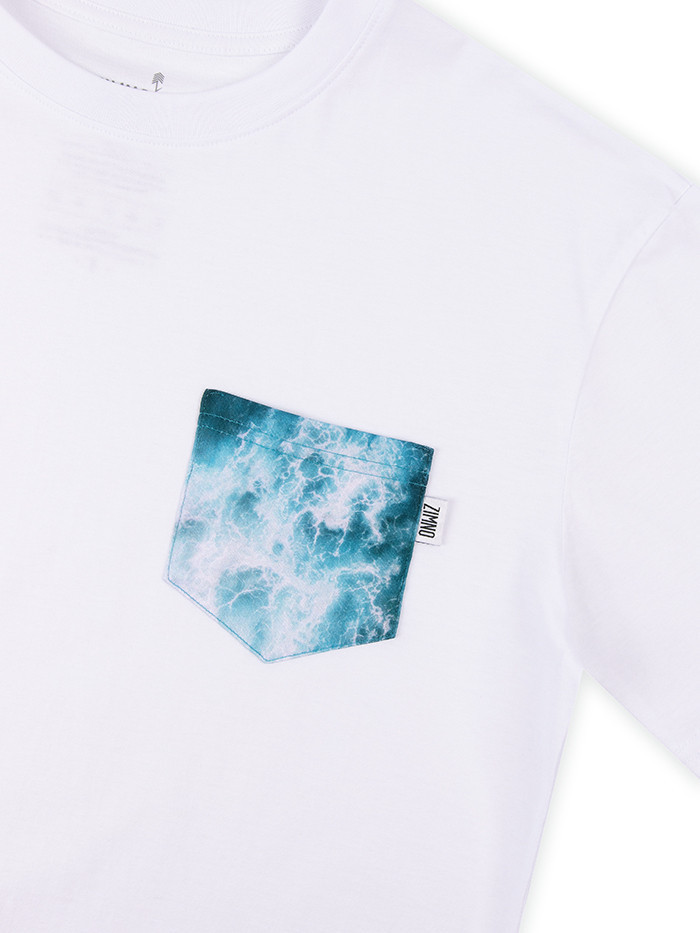 T-Shirt Relaks Unisex Biały z Kieszonką Wzburzone Morze T-Shirt Relaks Unisex Biały z Kieszonką Wzburzone Morze