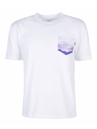 T-Shirt Relaks Unisex Biały z Kieszonką Fioletowe Góry
