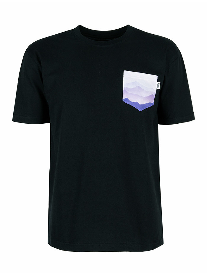 T-Shirt Relaks Unisex Czarny z Kieszonką Fioletowe Góry