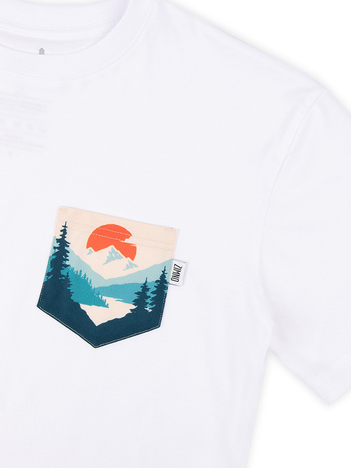 T-Shirt Relaks Unisex Biały z Kieszonką Zachód Słońca