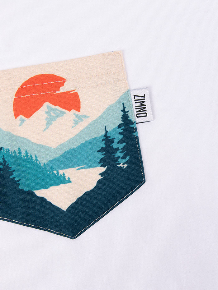 T-Shirt Relaks Unisex Biały z Kieszonką Zachód Słońca