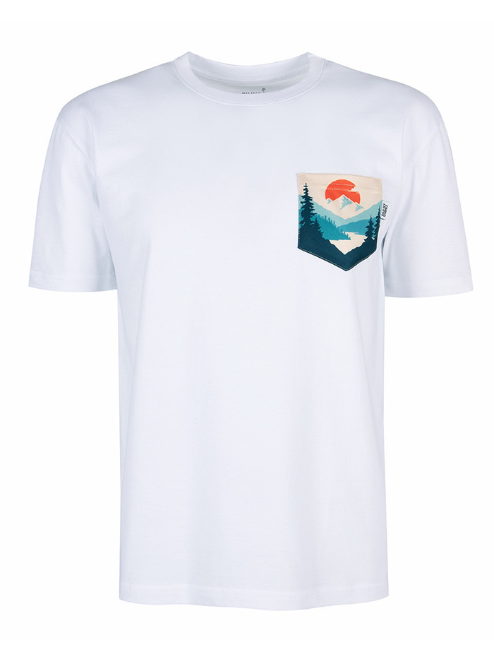 T-Shirt Relaks Unisex Biały z Kieszonką Zachód Słońca