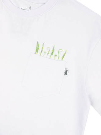 T-Shirt Relaks Unisex Biały z Kieszonką Liście T-Shirt Relaks Unisex Biały z Kieszonką Liście