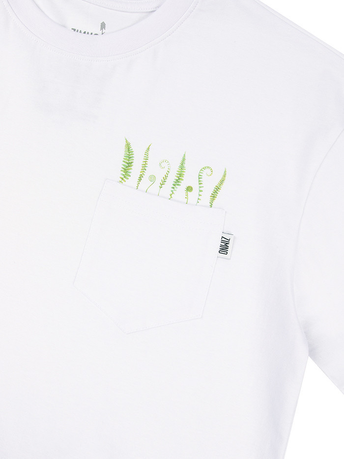 T-Shirt Relaks Unisex Biały z Kieszonką Liście T-Shirt Relaks Unisex Biały z Kieszonką Liście
