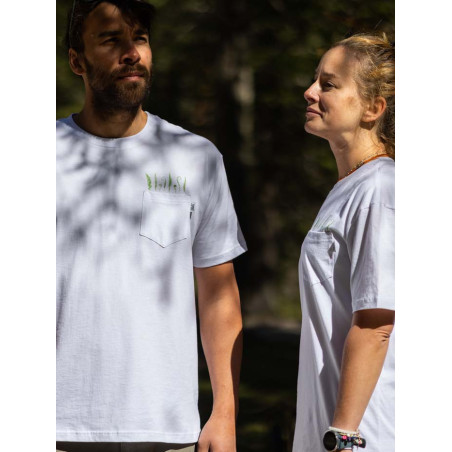 T-Shirt Relaks Unisex Biały z Kieszonką Liście lookbook