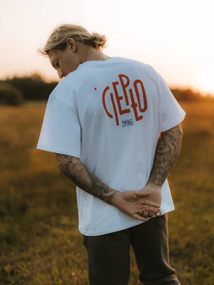 T-shirt pudełkowy biały CIEPŁO ZIMNO UNISEX