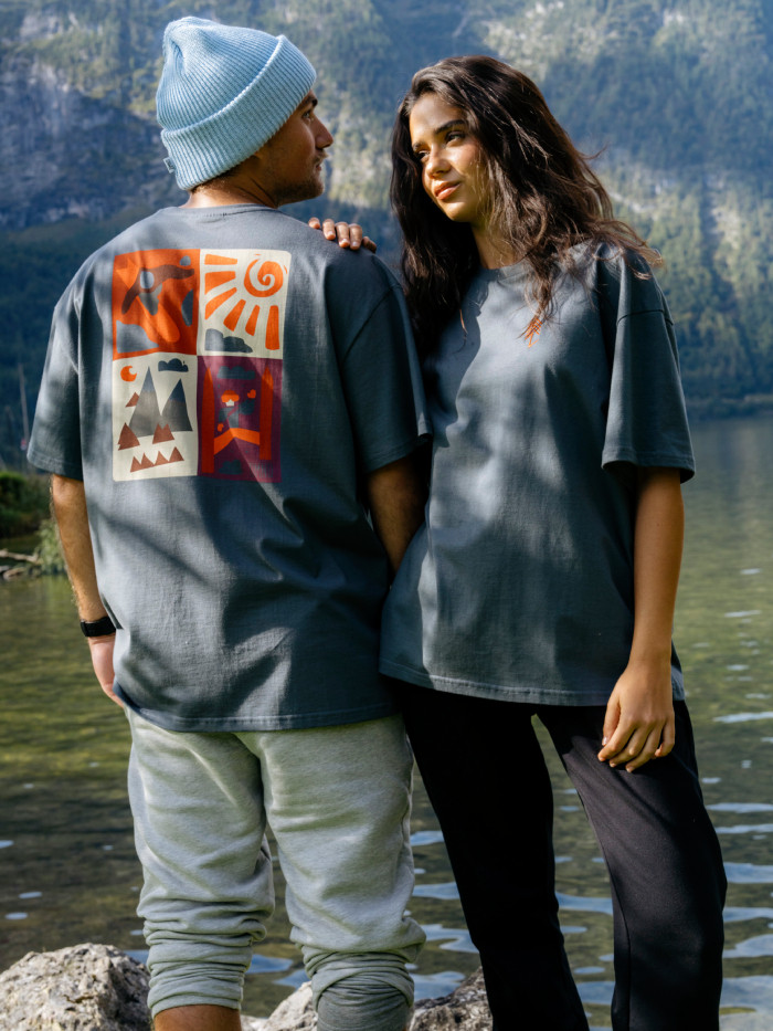 T-Shirt pudełkowy grafitowy z nadrukiem GÓRY UNISEX